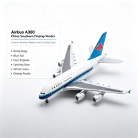 Maquette d'exposition Airbus A380 China Southern Airlines avec carrosserie blanche, aile arrière bleue, logo rouge Kapok, quatre moteurs et train d'atterrissage