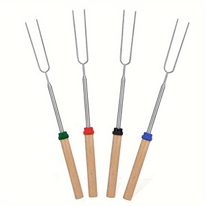 4 Pack Wooden Handle Stainless Steel BBQ Roasting Forks Reusable <b>Extendable</b> Barbecue Skewers For Grilling Meat Marshmallow - Product Image 3