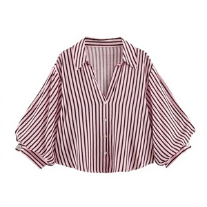 เสื้อเชิ้ตชีฟองลายทางสำหรับผู้หญิงพร้อมแขนบอลลูน คอปกติดกระดุม ทรงหลวม สวมใส่สบายๆ สำหรับฤดูใบไม้ผลิและฤดูร้อน - Product Image 4
