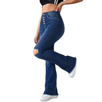 YUANBOFEI Jean Baggy Bleu Femme Taille Mi-Haute Délavé Coupe Évasée Effet Usé Jean Slim Ample Denim Streetwear YKK