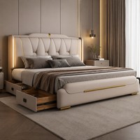 Luxuriöses Polsterbett mit Stauraum, LED-Kopfteil, Goldverzierung, Seitenschubladen, Queen/King Modernes Schlafzimmermöbel OEM ODM Bettsets