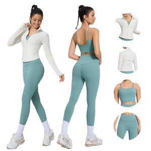 Women Premium Two Piece Yoga Set <b>White</b> <b>Zip</b> Jacket Teal Sports Bra High Waist Leggings Professional Activewear Print Front Quick - Product Image 1