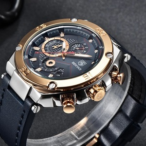 Benyar Men's Quartz Watch Three Dial Chronograph Stainless Steel Case Leather <b>Strap</b> 12mm 30M Waterproof Analog Display - Product Image 4