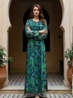 Abaya maxi élégante brodée turquoise avec des manches en maille transparente à applications florales 3D et des détails floraux