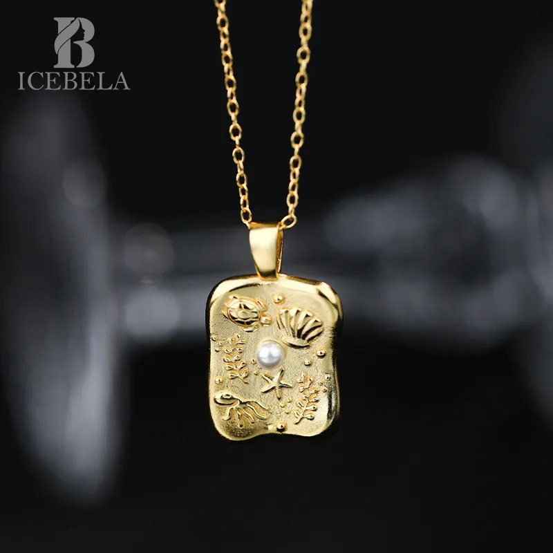 Sea Life Series 925 Sterling Silver Jewelry Women 18k Gold Turtle Shell Selfish Pearl Square Coin Pendant Necklace For Girls