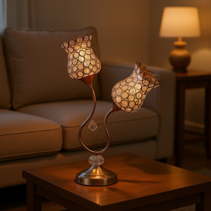 Lámpara de Mesa Glamour de Metal Dorado Rosa con 2 Flores y Pantalla de Vidrio para Iluminación de Dormitorio - Product Image 2