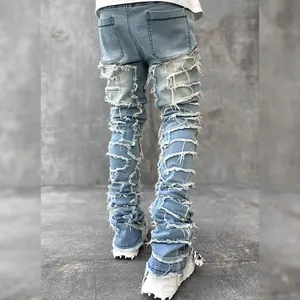 DiZNEW neue Lieferung Vintage Slim Fit stilvolle Baumwolle blaue Farbe skinny aufge weitet angepasstes Logo Herren beschädigte Denim Jeans