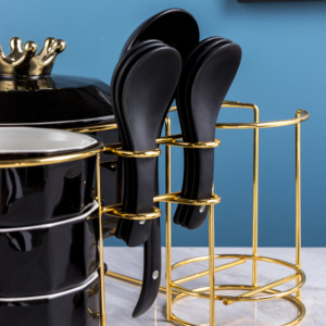 Sản Phẩm Mới Thiết Kế Hiện Đại Sáng Tráng Men Đen Súp Gốm Bát Muỗng Và Mạ Vàng Khung Sắt - Product Image 4