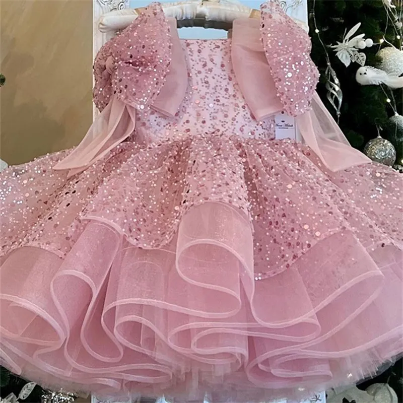 Vestido de fiesta de cumpleaños para niñas, vestido de princesa rosa, dulce Lazo, lentejuelas, vestidos hinchados, Vestidos de Noche de lujo para niños