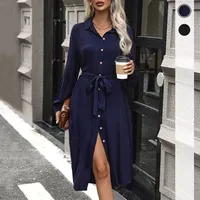 Robe chemise en viscose à manches longues, coupe ajustée, couleur unie, style décontracté pour le quotidien, disponible en bleu marine et noir, vente en gros avec faible MOQ