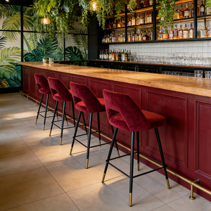 Outdoor Red Velvet Modern Bar <b>Stools</b> & Counter Chairs for Hotel <b>Dining</b> Living Room | Commercial Luxury Upholstered Seats - Product Image 2