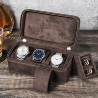 Étui de voyage pour montres en cuir Crazy Horse à 3 emplacements, boîte de rangement portable à fermeture éclair avec compartiment à bijoux pour montres-bracelets pour hommes