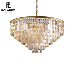 Lustre Moderne Art Déco Style Glamour Finition Dorée à Plusieurs Niveaux Prismes Rectangulaires en Cristal Grand Lustre Rond Odeon - Product Image 1