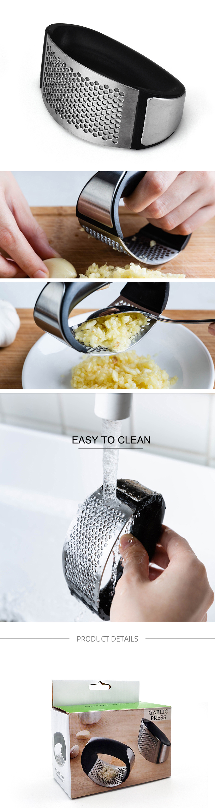 YF Wholesale Smart Kitchen Gadgets Customized Stainless Steel Garlic Press Rocker Garlic Mincer Crusher and Peeler