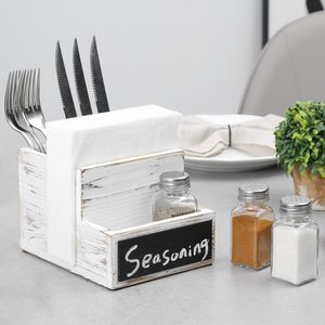Wooden Condiment And Cutlery Storage Box With Napkin Holder <b>White</b> Distressed Seasoning <b>Rack</b> For Kitchen Desktop Use - Product Image 2