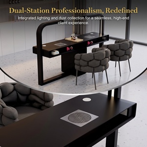 Table de manucure double en pierre frittée de luxe avec lampes LED intégrées en forme d'arche, noir mat, poste de travail professionnel pour 2 personnes - Product Image 1