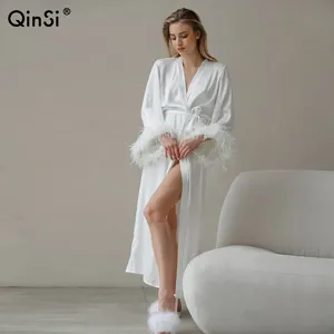 QINSI 2024 New Bathrobe Female Dress Satin Wedding Dresses For Woman Bride Robe White Feathers Long women's robes