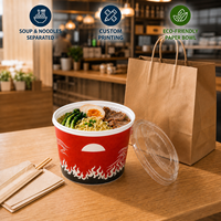 Mangkuk Ramen Kertas Aman untuk Microwave dengan Baki Terpisah, Mangkuk Sekali Pakai untuk Mie Udon, Makanan Jalanan, dan Bawa Pulang