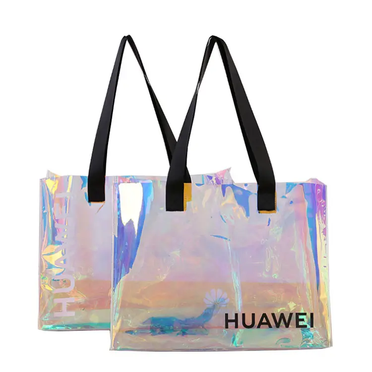 Bolsa de playa de plástico transparente con Logo personalizado para mujer, bolsa de compras holográfica de PVC