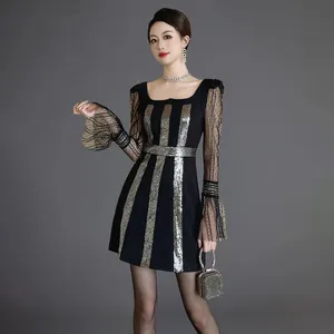 ZYHT 61001 schwarz und weiß gestreift durchsichtig sexy elegant Party Mini-Glitzer langärmelig spitzenkleid für Damen