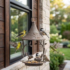 Ak Brass Wilderness Lantern Style Acabado recubierto en polvo y dos pequeños pájaros comiendo Metal Birds Feeder - Product Image 3