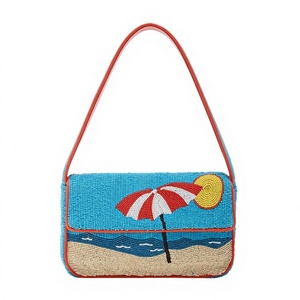 Sac à main tendance à motifs de plage perlés, forme rectangulaire, broderie en coton, poignée rouge, fond bleu, motif parapluie soleil - Product Image 1