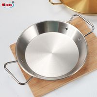 Wajan Paella Stainless Steel Emas Berkualitas Tinggi untuk Dapur Luar Ruangan Restoran, Piring Bulat untuk Memasak dan Menggoreng dengan Pegangan Ganda
