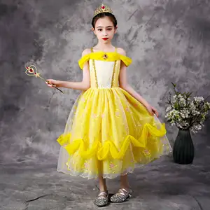 Mqatz Meisjes Prinses Belle Dress Up Cosplay Kostuum Kinderen Off Shoulder Gelaagde Geel Schoonheid Het Beest Jurk