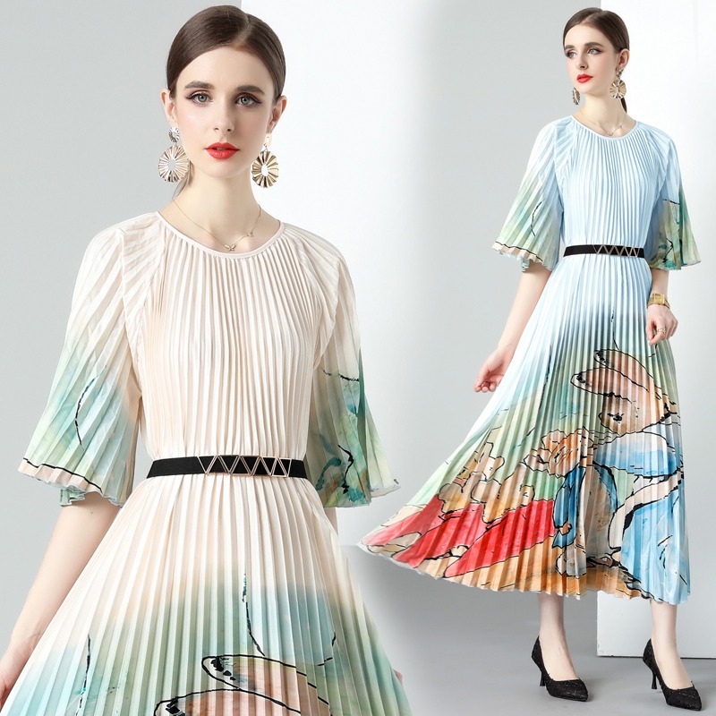 Runway Designer Summer Floral Rabbit Print Chiffon Dress Women Elegant  Short Sleeve Midi Pleated Holiday Vestidos 9391#