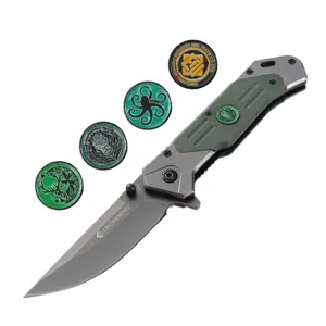 Ropshipping-cuchillo de bolsillo plegable para supervivencia al aire libre, navaja de campamento hecha a mano con logotipo de metal personalizado, con Mango Verde G10 2023