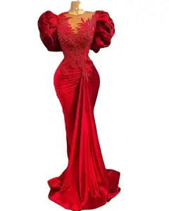 Mermaid Evening Dresses Luxury Fashion Red Elegant Lace Applique Beaded Sheer Neck Velvet Formal Party Wear Evening Dress