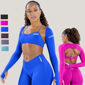 OEM senza soluzione di continuità con taglio a V in vita scricchiolante <span class=keywords><strong>pantaloncini</strong></span> da motociclista tuta da <span class=keywords><strong>donna</strong></span> reggiseno sportivo maniche attillate Running Fitness Yoga Leggings Set - Product Image 1