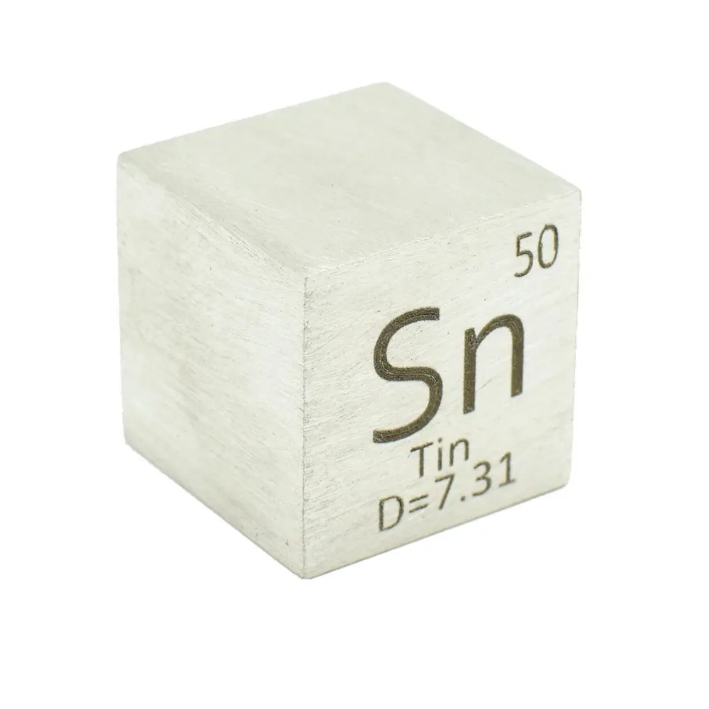 주기율표의 주석 금속-큐브 측면 길이는 1 인치 (25.4mm) 이며 무게는 약 121.2g 99.99%