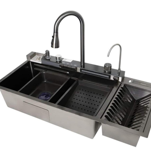 <span class=keywords><strong>Tiktok</strong></span> nueva tendencia grande <span class=keywords><strong>40</strong></span> pulgadas una pieza cascada grifo de acero inoxidable dos cuencos biónico panal negro fregadero de cocina - Product Image 2