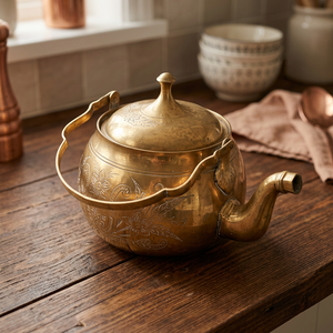 Bouilloire à thé vintage en laiton avec couvercle et poignée, gravure florale décorative, pot à eau, bouilloire en métal - Product Image 2