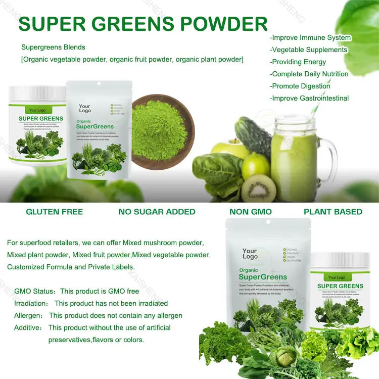 Nhãn Hiệu Riêng Màu Xanh Lá Cây Bột Superfood Chất Chống Oxy Hóa Supergreen Bột Hữu Cơ Siêu Màu Xanh Lá Cây Bột