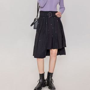 Jupe midi asymétrique plissée noire à fines rayures pour <span class=keywords><strong>femme</strong></span> 2026, <span class=keywords><strong>taille</strong></span> haute avec ceinture, style décontracté - Product Image 1