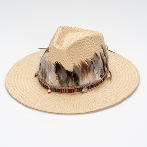Sombrero de Paja de Ala Ancha de Estilo Casual, Tejido a Mano, con Decoración de Plumas Artificiales, para Playa y Protección Solar - Product Image 1