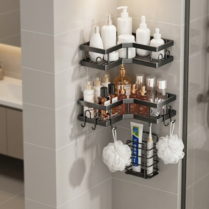 Étagère d'angle de douche noire mate à 3 niveaux en métal avec crochets de drainage pour rangement de salle de bain, design gain de place - Product Image 1
