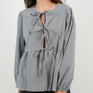Blusa de Gingham Roja y Blanca para Mujer al por Mayor, Top Peplum con Lazo Triple en la Parte Delantera, Camisa de Chifón con Mangas Largas Abullonadas - Product Image 4