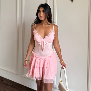 2026 <b>Summer</b> <b>Teen</b> Girls Pink Casual V Neck Bowknot Front Natural Mesh Spliced Hem Sleeveless Padded Short Line Suspender <b>Dress</b> - Product Image 5
