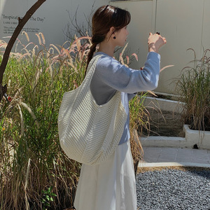 <span class=keywords><strong>Sac</strong></span> fourre-tout portable en tricot, grande capacité, tissé au crochet, ajouré, en maille, pour le shopping et les vacances - Product Image 2