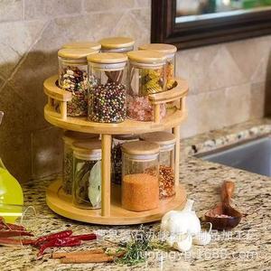Bamboo Desktop Storage Rack Double Layer Kitchen <b>Spice</b> Organizer With Wooden Lids Airtight Condiment <b>Jar</b> Holder - Product Image 1