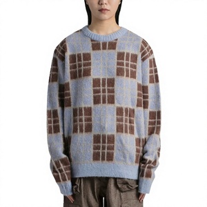 Pull en tricot à carreaux pour femme, col rond, manches longues, décontracté, hiver, 100% acrylique, anti-boulochage, coupe classique - Product Image 1