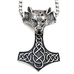 Wholesale 316L Stainless Steel Large Pendant Biker Men Nordic Viking Jewelry Gold Plated Thor Hammer Wolf's <b>Head</b> Religious <b>Style</b> - Product Image 2