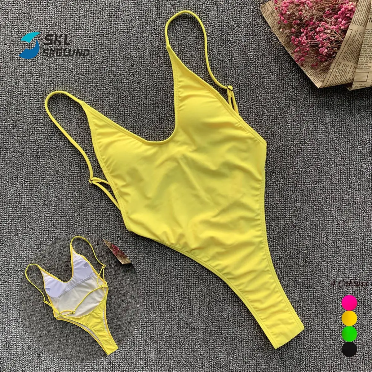 2022 Womens Plain Color Scoop Neck Monokini One Piece Swimsuits Simple Backless Straps High Legs One Piece Swimsuit