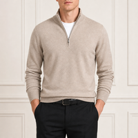 Pull tricoté personnalisé OEM pour homme, beige, col montant zippé, manches longues, couleur unie, chaud pour l'hiver, vente en gros