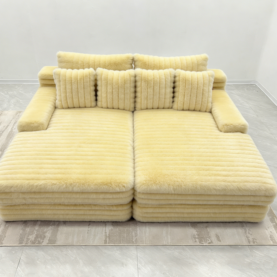 Luxury Yellow Faux Fur Modular Sofa Set Plush Ribbed Sectional Couch ...