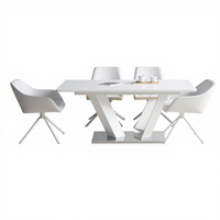 Table à manger rectangulaire moderne de style nordique minimaliste avec cadre en acier inoxydable blanc, plateau en marbre, hauteur réglable pour la maison et l'hôtel