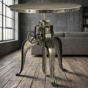 Mesa de Comedor Industrial Vintage de Hierro Indio con Manivela, Altura Ajustable, Acabado Plateado Envejecido, para 4 Personas, Estilo Villa - Product Image 2